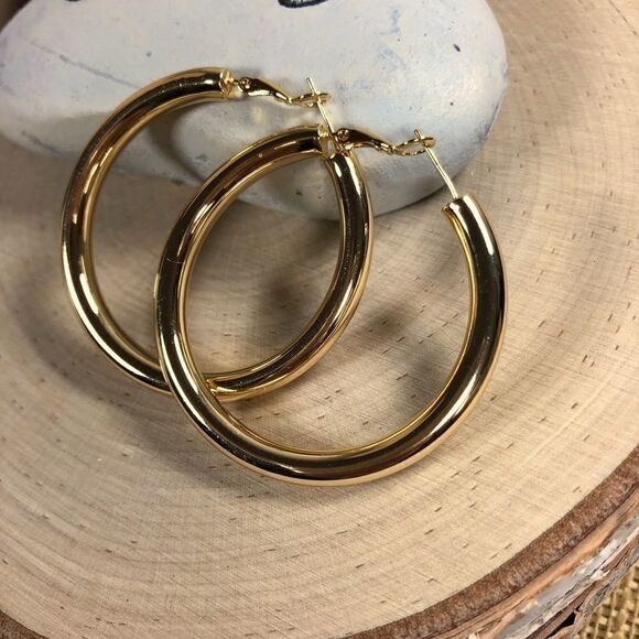 NEW Large 50mm 18k gold/sterling post hoops - Picture 2 of 6